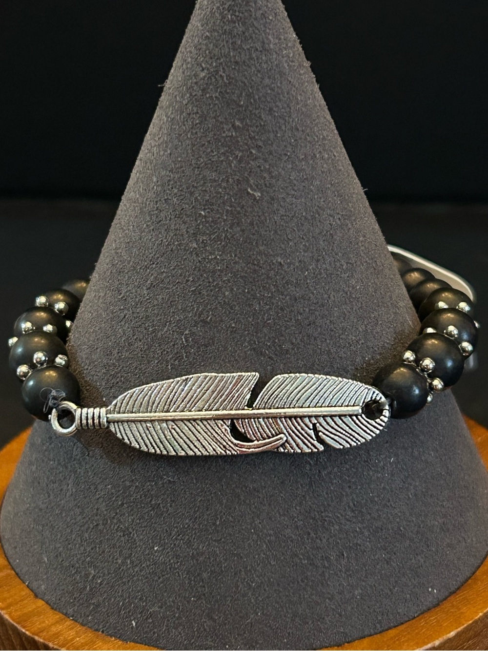 Silver Feather Stretchable Beaded Bracelet - Black, Turquoise or Off-White